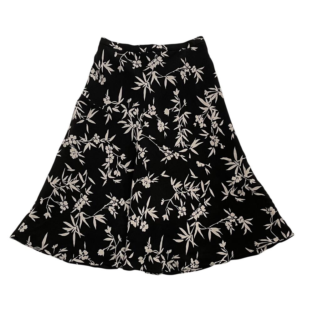 Austin Reed Black Ivory Floral Silk A-Line Flowy Skirt, Y2K, Career, Size 4